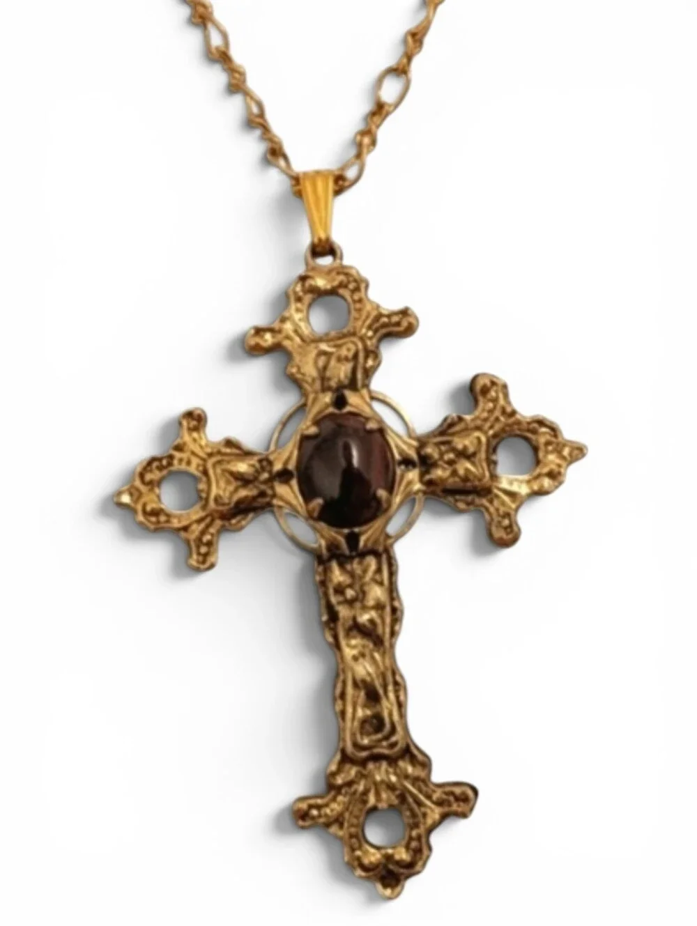 TRUE VINTAGE Renaissance Cross Necklace Heavy Gold Tigers Eye Christian